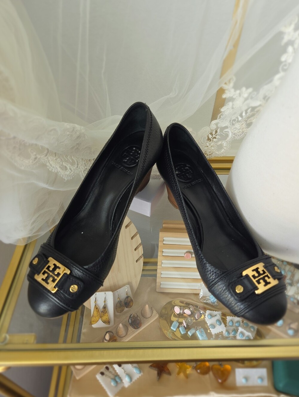 Tory Burch Black Leather Round Toe Heel Wedges with Gold Logo Size 8